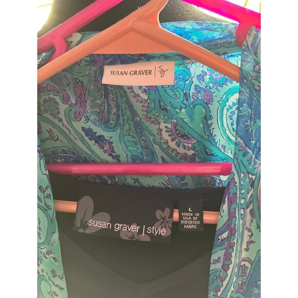 3 Piece Susan Graver Set V-Neck Slinky Tee Size L Flowing Duster & Beads BLUE - Picture 2 of 7